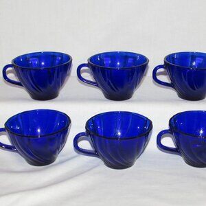 Duralex Vereco France Rivage Cobalt Blue Glass Swirl Tea/coffe Cup Set of 7 lot